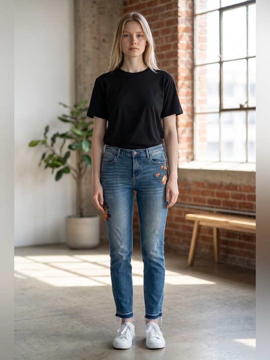 DRIFTWOOD Denim - DRIFTWOOD Women's Blue Jeans with Orange Floral Embroidery